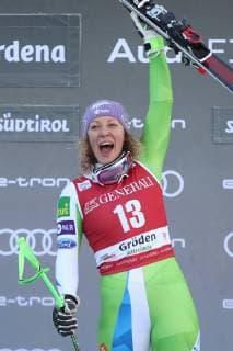 ALPINE SKIING - FIS WC Val Gardena VAL GARDENA,ITALY,18.DEC.18 - ALPINE SKIING - FIS World Cup, downhill, ladies, award ceremony. Image shows the rejoicing of Ilka Stuhec (SLO). Keywords: Stoeckli. GEPAxpictures xChristianxWalgram