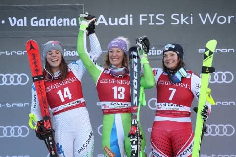 ALPINE SKIING - FIS WC Val Gardena VAL GARDENA,ITALY,18.DEC.18 - ALPINE SKIING - FIS World Cup, downhill, ladies, award ceremony. Image shows Nicol Delgado (ITA), Ilka Stuhec (SLO) and Ramona Siebenhofer (AUT). Keywords: Stoeckli. GEPAxpictures xChristianxWalgram