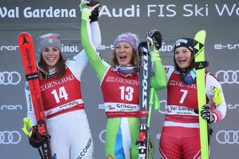 ALPINE SKIING - FIS WC Val Gardena VAL GARDENA,ITALY,18.DEC.18 - ALPINE SKIING - FIS World Cup, downhill, ladies, award ceremony. Image shows Nicol Delgado (ITA), Ilka Stuhec (SLO) and Ramona Siebenhofer (AUT). Keywords: Stoeckli. GEPAxpictures xChristianxWalgram