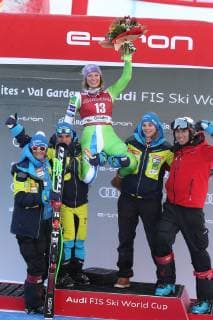 ALPINE SKIING - FIS WC Val Gardena VAL GARDENA,ITALY,18.DEC.18 - ALPINE SKIING - FIS World Cup, downhill, ladies, award ceremony. Image shows Ilka Stuhec (SLO) with her coaching team. Keywords: Stoeckli. GEPAxpictures xChristianxWalgram