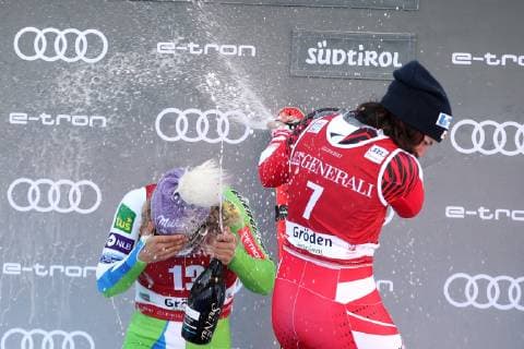 ALPINE SKIING - FIS WC Val Gardena VAL GARDENA,ITALY,18.DEC.18 - ALPINE SKIING - FIS World Cup, downhill, ladies, award ceremony. Image shows Ramona Siebenhofer (AUT). Keywords: champagne shower. GEPAxpictures xChristianxWalgram