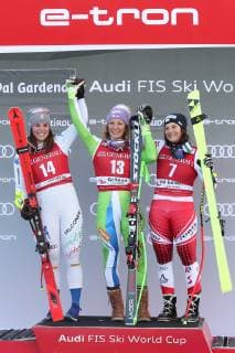 ALPINE SKIING - FIS WC Val Gardena VAL GARDENA,ITALY,18.DEC.18 - ALPINE SKIING - FIS World Cup, downhill, ladies. Image shows the rejoicing of Nicol Delago (ITA), Ilka Stuhec (SLO) and Ramona Siebenhofer (AUT). Keywords: Stoeckli. GEPAxpictures xChristianxWalgram