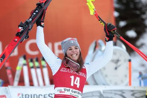 ALPINE SKIING - FIS WC Val Gardena VAL GARDENA,ITALY,18.DEC.18 - ALPINE SKIING - FIS World Cup, downhill, ladies. Image shows the rejoicing of Nicol Delago (ITA). GEPAxpictures xChristianxWalgram
