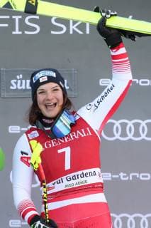 ALPINE SKIING - FIS WC Val Gardena VAL GARDENA,ITALY,18.DEC.18 - ALPINE SKIING - FIS World Cup, downhill, ladies. Image shows the rejoicing of Ramona Siebenhofer (AUT). GEPAxpictures xChristianxWalgram
