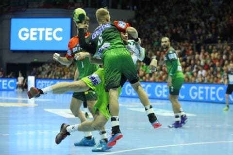 19 12 2018 xcsx Handball DHB Cup SC Magdeburg Frisch Auf Goeppingen emspor v l Matthias Musche SC Magdeburg vs. Jacob Bagersted Frisch Auf Göppingen Duel battle for the ball DFL DFB REGULATIONS PROHIBIT ANY USE OF PHOTOGRAPHS as IMAGE SEQUENCES and or QUASI VIDEO Magdeburg
