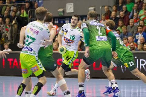 Ivan Sliskovic Nr 19 Frisch Auf Goeppingen Zeljko Musa Nr 2 SC Magdeburg and Albin Lagergren Nr 23 SC Magdeburg vs. SC Magdeburg vs. Frisch Auf Goeppingen SC Magdeburg vs. Frisch Auf Goeppingen Handball DHB Cup Quarter Finals Season 2018 2019 19 12 2018 Magdeburg Copyright: xEIBNER DanielxReineltx EP_DRT