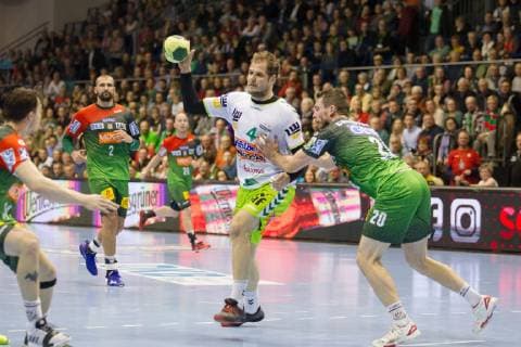 Kresimir Kozina Nr 44 Fresh On Goeppingen against Mads Christiansen Nr 20 SC Magdeburg SC Magdeburg vs Fresh On Goeppingen SC Magdeburg vs Fresh On Goeppingen Handball DHB Cup Quarter Finals Season 2018 2019 19 12 2018 Magdeburg Copyright: xEIBNER DanielxReineltx EP_DRT