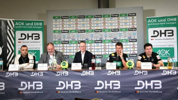GER DHB Handballball WM PK 21 12 2018 AOK Headquarters Berlin GER DHB Handballball WM PK DHB regulations prohibit any use of photographs as image sequences and or quasi video in picture Trainer Christian Prokop Co Trainer Alexander Haase President Andreas Michelmann Vice President Bob Hanning nordphotox xEngler nph00076