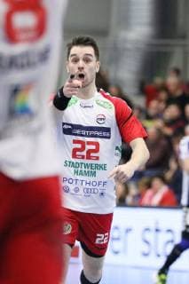 Goal celebration for Vyron Papadopoulos ASV Hamm Westfalen 22 ASV Hamm Westfalen vs. VfL Luebeck Schwartau Handball 2 Bundesliga 21 12 2018 ASV Hamm Westfalen vs. VfL Luebeck Schwartau Handball 2 Bundesliga 21 12 2018 Hamm Copyright: xEIBNER JanxStrohdiekx EP_JSK