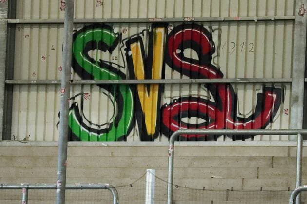 The SVS logo as an abbreviation for the club name SV Sandhausen as graffiti on the back wall of the guest fan block Provocation Symbol photo Symbol image Symbol Football 2 Bundesliga SV Sandhausen SpVgg Greuther Fürth DFL REGULATIONS PROHIBIT ANY USE OF PHOTOGRAPHS AS IMAGE SEQUENCES AND OR QUASI VIDEO xozx
