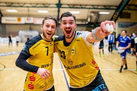 Lukas Wucherpfennig 7 HSC Coburg and Marcel Timm 23 HSC Coburg during the DKB Handball 2 Bundesliga match between Dessau Rosslauer HV 06 and HSC Coburg in the Anhalt Arena on 23 December 2018 in Bauhausstadt Dessau Sachsen Anhalt Saxony Anhalt Germany HB 2BL Dessau Rosslauer HV 06 HSC Coburg Dessau Copyright: xEIBNER HartmutxBoesenerx EP_HBR