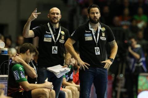 Coach Bennet Wiegert re with Co Coach Yves Grafenhorst SC Magdeburg Handball Bundesliga Season 2018 2019 Punktspiel SC Magdeburg vs Füchse Berlin in der GETEC Arena in Magdeburg Germany Handball Mann Maenner 23 12 2018