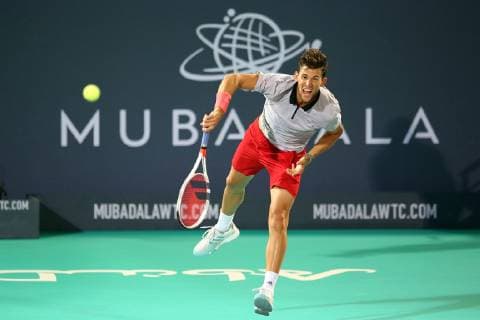 (181228) -- ABU DHABI, Dec. 28, 2018 (Xinhua) -- Dominic Thiem of Austria competes during his match against Karen Khachanov of Russia at the 2018 Mubadala World Tennis Championship in Abu Dhabi, the United Arab Emirates (UAE), on Dec. 27, 2018. Dominic Thiem lost 0-2. (Xinhua Mahmoud Khaled) (SP)UAE-ABU DHABI-TENNIS-MUBADALA WORLD TENNIS CHAMPIONSHIP 