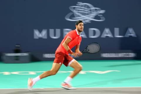 (181228) -- ABU DHABI, Dec. 28, 2018 (Xinhua) -- Karen Khachanov of Russia competes during his match against Dominic Thiem of Austria at the 2018 Mubadala World Tennis Championship in Abu Dhabi, the United Arab Emirates (UAE), on Dec. 27, 2018. Karen Khachanov won 2-0. (Xinhua Mahmoud Khaled) (SP)UAE-ABU DHABI-TENNIS-MUBADALA WORLD TENNIS CHAMPIONSHIP 