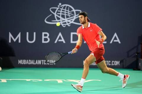 (181228) -- ABU DHABI, Dec. 28, 2018 (Xinhua) -- Karen Khachanov of Russia competes during his match against Dominic Thiem of Austria at the 2018 Mubadala World Tennis Championship in Abu Dhabi, the United Arab Emirates (UAE), on Dec. 27, 2018. Karen Khachanov won 2-0. (Xinhua Mahmoud Khaled) (SP)UAE-ABU DHABI-TENNIS-MUBADALA WORLD TENNIS CHAMPIONSHIP 