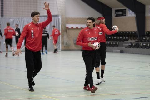 Maalvogter Niklas Landin tv and Jannick Green th The Danish mens team trains ahead of handball World Cup in Nordvest Hallen in Herning Friday 28 December 2018 Herning Denmark, detectedSourceLanguage  Copyright: BoxAmstrup BoxAmstrupx cop103 spdk20181228-183215-L