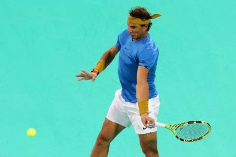 (181229) -- ABU DHABI, Dec. 29, 2018 (Xinhua) -- Rafael Nadal of Spain competes during his match against Kevin Anderson of South Africa at the 2018 Mubadala World Tennis Championship in Abu Dhabi, the United Arab Emirates (UAE), on Dec. 28, 2018. Rafael Nadal lost 1-2. (Xinhua Mahmoud Khaled) (SP)UAE-ABU DHABI-TENNIS-MUBADALA WORLD TENNIS CHAMPIONSHIP 