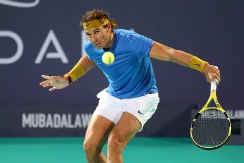 (181229) -- ABU DHABI, Dec. 29, 2018 (Xinhua) -- Rafael Nadal of Spain competes during his match against Kevin Anderson of South Africa at the 2018 Mubadala World Tennis Championship in Abu Dhabi, the United Arab Emirates (UAE), on Dec. 28, 2018. Rafael Nadal lost 1-2. (Xinhua Mahmoud Khaled) (SP)UAE-ABU DHABI-TENNIS-MUBADALA WORLD TENNIS CHAMPIONSHIP 