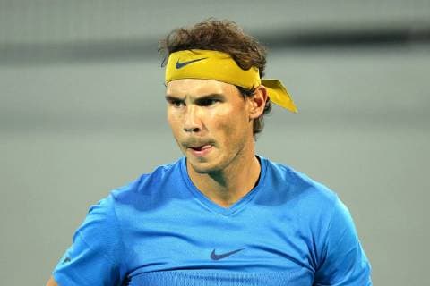 (181229) -- ABU DHABI, Dec. 29, 2018 (Xinhua) -- Rafael Nadal of Spain reacts during his match against Kevin Anderson of South Africa at the 2018 Mubadala World Tennis Championship in Abu Dhabi, the United Arab Emirates (UAE), on Dec. 28, 2018. Rafael Nadal lost 1-2. (Xinhua Mahmoud Khaled) (SP)UAE-ABU DHABI-TENNIS-MUBADALA WORLD TENNIS CHAMPIONSHIP 