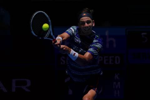 29th December 2018, RAC Arena, Perth, Australia; Hopman Cup Tennis, sponsored by Mastercard; Cameron Norrie of Team Great Britain plays a backhand shot against Stefanos Tsitsipas of Team Greece  ActionPlus12090993 DavidxWoodley