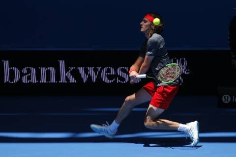 29th December 2018, RAC Arena, Perth, Australia; Hopman Cup Tennis, sponsored by Mastercard; Stefanos Tsitsipas of Team Greece play plays a forehand shot against Cameron Norrie of Team Great Britain  ActionPlus12091004 DavidxWoodley