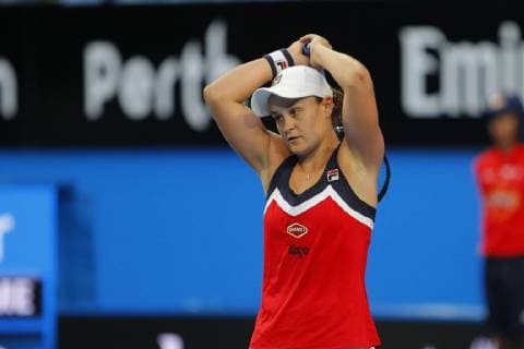 29th December 2018, RAC Arena, Perth, Australia; Hopman Cup Tennis, sponsored by Mastercard; Ashleigh Barty of Team Australia reacts to her shot during her match against Alize Cornet of Team France  ActionPlus12091114 DavidxWoodley