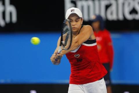 29th December 2018, RAC Arena, Perth, Australia; Hopman Cup Tennis, sponsored by Mastercard; Ashleigh Barty of Team Australia reaches for a backhand shot against Alize Cornet of Team France  ActionPlus12091116 DavidxWoodley