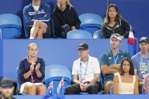 29th December 2018, RAC Arena, Perth, Australia; Hopman Cup Tennis, sponsored by Mastercard; Ashleigh Barty of Team Australia applauds partner Matt Ebden in his match against Lucas Pouille of Team France  ActionPlus12091131 DavidxWoodley