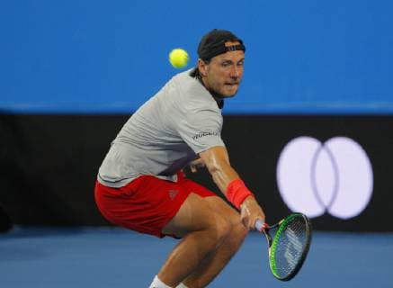 29th December 2018, RAC Arena, Perth, Australia; Hopman Cup Tennis, sponsored by Mastercard; Lucas Pouille of Team France returns with a backhand in his match against Matt Ebden of Team Australia  ActionPlus12091212 DavidxWoodley