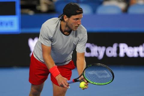 29th December 2018, RAC Arena, Perth, Australia; Hopman Cup Tennis, sponsored by Mastercard; Lucas Pouille of Team France prepares to serve to Matt Ebden of Team Australia  ActionPlus12091213 DavidxWoodley
