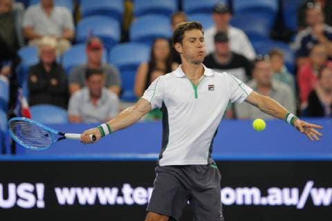 29th December 2018, RAC Arena, Perth, Australia; Hopman Cup Tennis, sponsored by Mastercard; Matt Ebden of Team Australia prepares to play a forehand shot against Lucas Pouille of Team France  ActionPlus12091214 DavidxWoodley