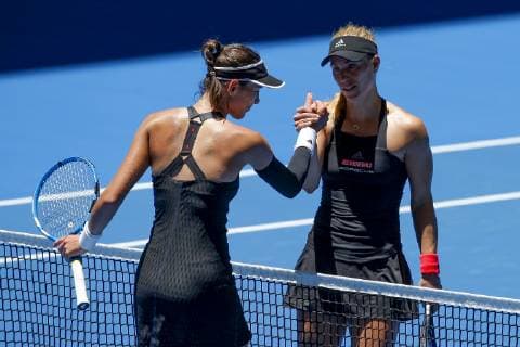 30th December 2018, RAC Arena, Perth, Australia; Hopman Cup Tennis, sponsored by Mastercard; Garbine Muguruza of Team Spain congratulates Angelique Kerber of Team Germany on winning their match 2 sets to 1  ActionPlus12091659 DavidxWoodley