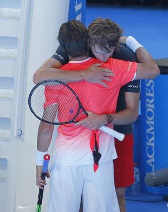 30th December 2018, RAC Arena, Perth, Australia; Hopman Cup Tennis, sponsored by Mastercard; Alexander Zverev of Team Germany hugs David Ferrer of Team Spain after Zvedev won their match 2 sets to 1  ActionPlus12091707 DavidxWoodley