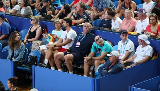 Alexander Zverev team in the players box far left in jeans jacket Olya Sharipova mother Irina Zvereva Physio Hugo Gravil coach Ivan Lendl fitness coach Jez Green Kerber Physio Andre Kreidler coach Rainer Schuettler and before him father Alexander Zverev Sen Tennis Hopman Cup 2019 ITF RAC Arena Perth Western Australia Australia 30 December 2018 Copyright: xJuergenxHasenkopfx
