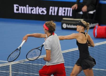 30th December 2018, RAC Arena, Perth, Australia; Hopman Cup Tennis, sponsored by Mastercard; Alexander Zverev and Angelique Kerber of Team Germany attempt to hit the same ball back at the net during the mixed doubles against Spain  ActionPlus12091711 DavidxWoodley