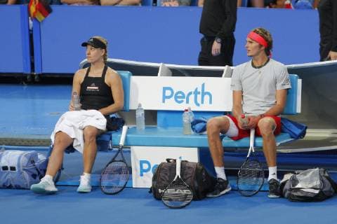 30th December 2018, RAC Arena, Perth, Australia; Hopman Cup Tennis, sponsored by Mastercard; Angelique Kerber and Alexander Zverev of Team Germany relax between games during the mixed doubles against Spain  ActionPlus12091712 DavidxWoodley