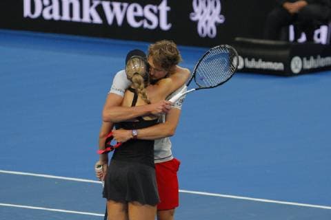 30th December 2018, RAC Arena, Perth, Australia; Hopman Cup Tennis, sponsored by Mastercard; Alexander Zverev hugs doubles partner Angelique Kerber of Team Germany after they defeated Spain 2 sets to Love  ActionPlus12091715 DavidxWoodley