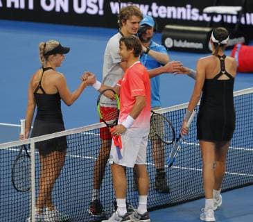 30th December 2018, RAC Arena, Perth, Australia; Hopman Cup Tennis, sponsored by Mastercard; David Ferrer and Garbine Muguruza of Team Spain congratulate Alexander Zverev and Angelique Kerber of Team Germany after they won the mixed doubles two sets to Love  ActionPlus12091717 DavidxWoodley