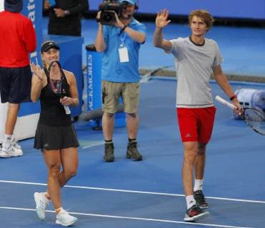 30th December 2018, RAC Arena, Perth, Australia; Hopman Cup Tennis, sponsored by Mastercard; Angelique Kerber and Alexander Zverev of Team Germany waive to the fans after they defeated Spain in the mixed doubles 2 sets to Love  ActionPlus12091718 DavidxWoodley