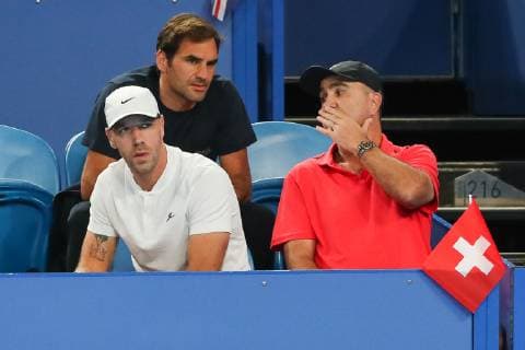 Team Switzerland front Belinda Bencic Fitness trainer Martin Hromkovic and father Ivan Bencic behind Roger Federer Copyright: xJuergenxHasenkopfx