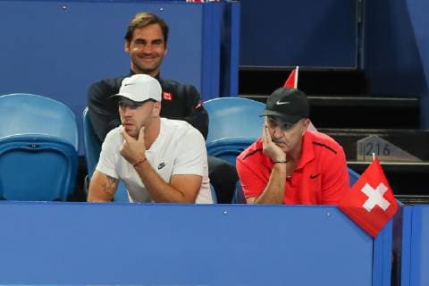 Team Switzerland front Belinda Bencic Fitness trainer Martin Hromkovic and father Ivan Bencic behind Roger Federer Copyright: xJuergenxHasenkopfx