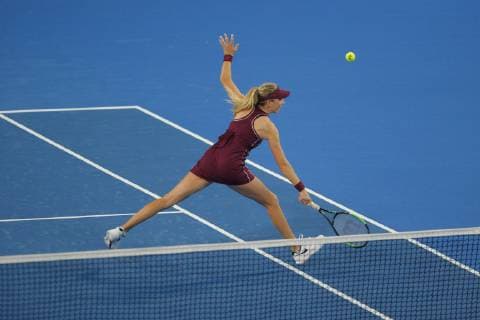 30th December 2018, RAC Arena, Perth, Australia; Hopman Cup Tennis, sponsored by Mastercard; Katie Boulter of Team Britain plays a backhand volley at the net during the mixed doubles against Switzerland  ActionPlus12091762 DavidxWoodley