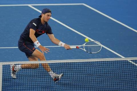 30th December 2018, RAC Arena, Perth, Australia; Hopman Cup Tennis, sponsored by Mastercard; Cameron Norrie of Team Great Britain plays a volley during the mixed doubles  ActionPlus12091764 DavidxWoodley