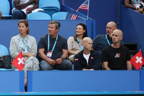 Roger Federer Team in the players box left wife Mirka and far right coach Ivan Ljubicic and Physio Daniel Troxler Copyright: xJuergenxHasenkopfx