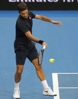 1st January 2019, RAC Arena, Perth, Australia; Hopman Cup Tennis, sponsored by Mastercard; Roger Federer of Team Switzerland plays a forehand shot against Frances Tiafoe of Team USA  ActionPlus12091922 DavidxWoodley