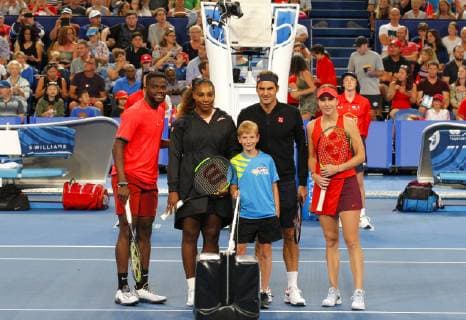 1st January 2019, RAC Arena, Perth, Australia; Hopman Cup Tennis, sponsored by Mastercard; Frances Tiafoe Serena Williams of Team USA and Roger Federer Belinda Bencic of Team Switzerland line up for a pre game photograph  ActionPlus12092023 DavidxWoodley
