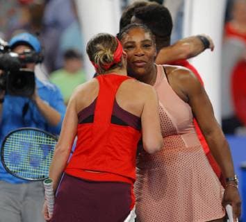 1st January 2019, RAC Arena, Perth, Australia; Hopman Cup Tennis, sponsored by Mastercard; Serena Williams of Team USA congratulates Belinda Bencic of Team Switzerland after Switzerland defeated the USA in the mixed doubles 2 sets to Love  ActionPlus12092034 DavidxWoodley