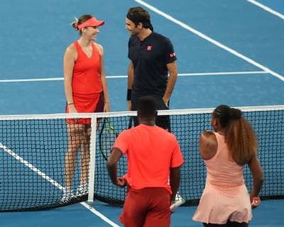 Serena Williams and Frances Tiafoe congratulate the winners Belinda Bencic and Roger Federer Mixed Double Copyright: xJuergenxHasenkopfx