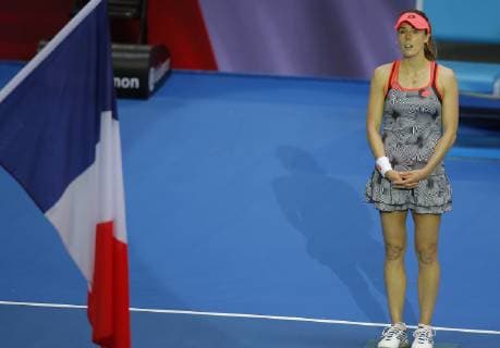 2nd January 2019, RAC Arena, Perth, Australia; Hopman Cup Tennis, sponsored by Mastercard; Alize Cornet of Team France sings her nations National Anthem before the start of her match against Angelique Kerber of Team Germany  ActionPlus12092263 DavidxWoodley