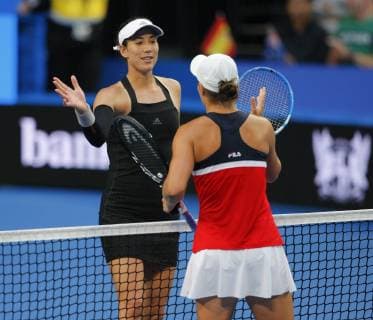 2nd January 2019, RAC Arena, Perth, Australia; Hopman Cup Tennis, sponsored by Mastercard; Garbine Muguruza of Team Spain congratulates Ashleigh Barty of Team Australia on winning their match 2 sets to Love  ActionPlus12092340 DavidxWoodley